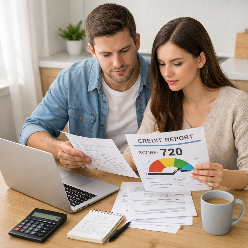 Couple reviewing credit report and finances at home before buying their first house