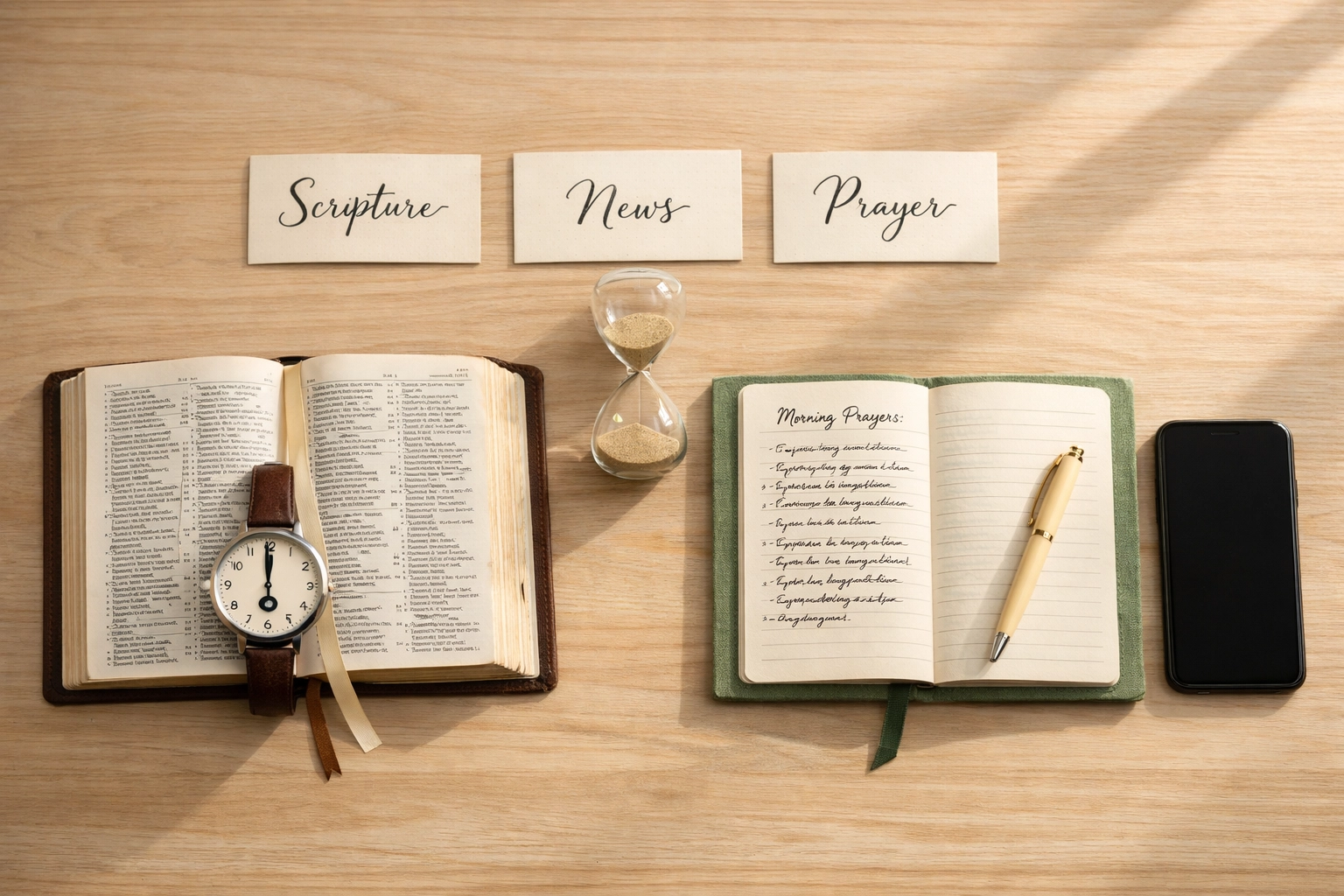 Morning devotional routine with Bible, prayer journal, and 30-30-30 rhythm layout