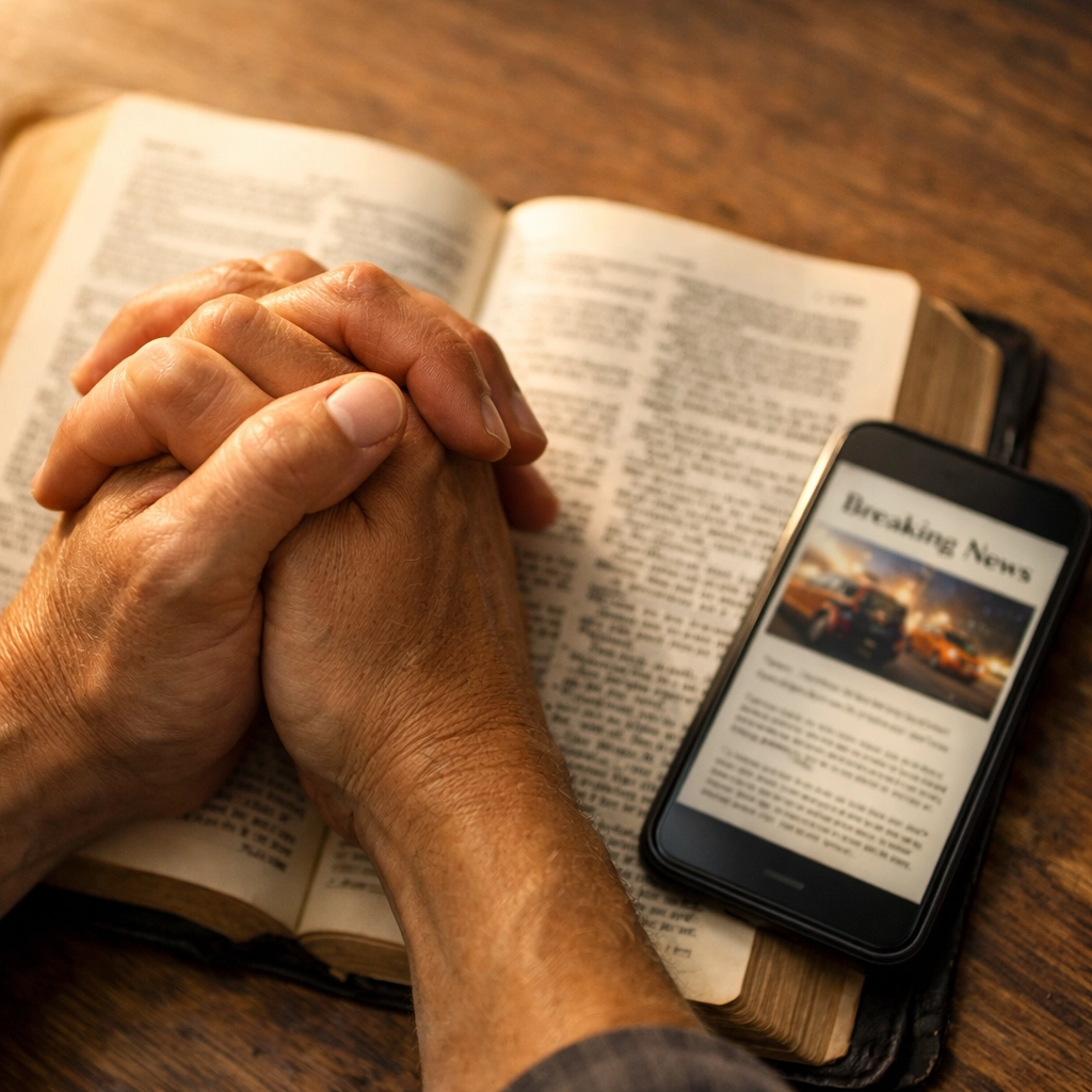Hands praying over open Bible with smartphone displaying news article