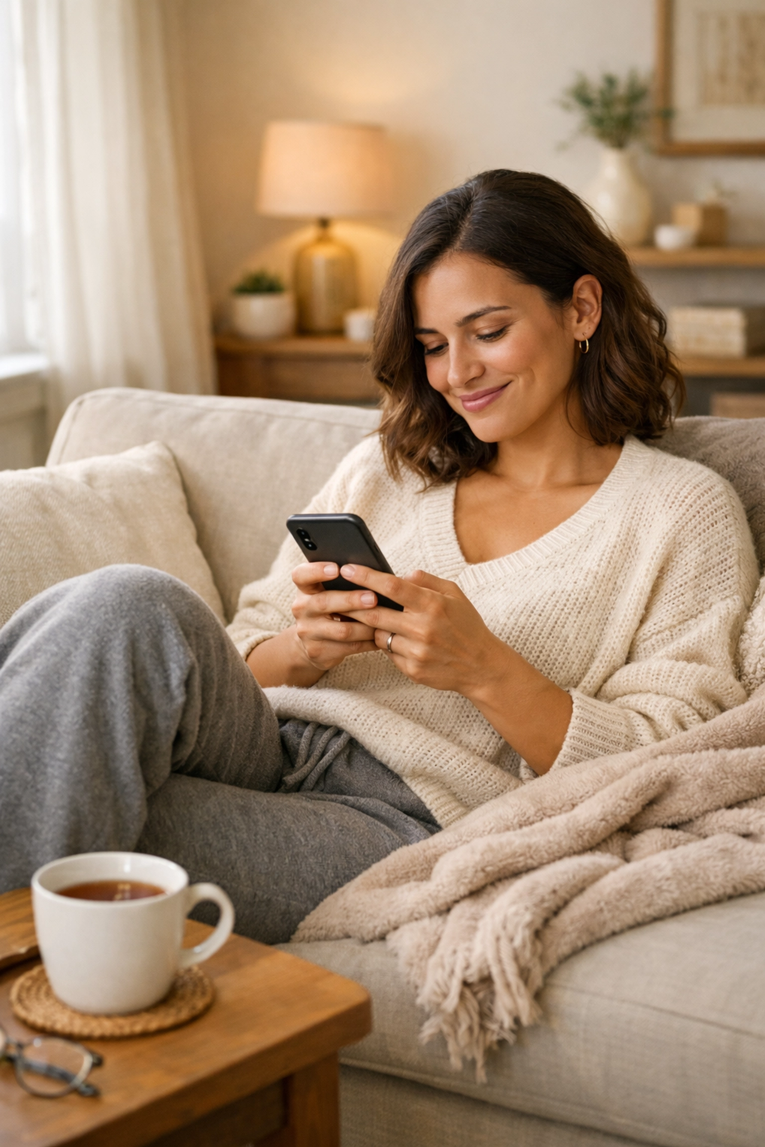 Woman privately texting with doctor from home about emergency contraception prescription