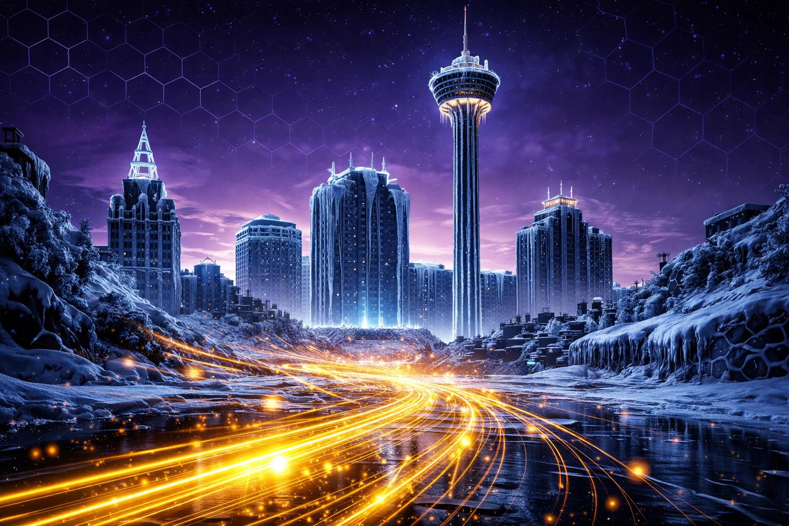 Frozen San Antonio skyline with digital network lights illustrating business connectivity during a winter storm