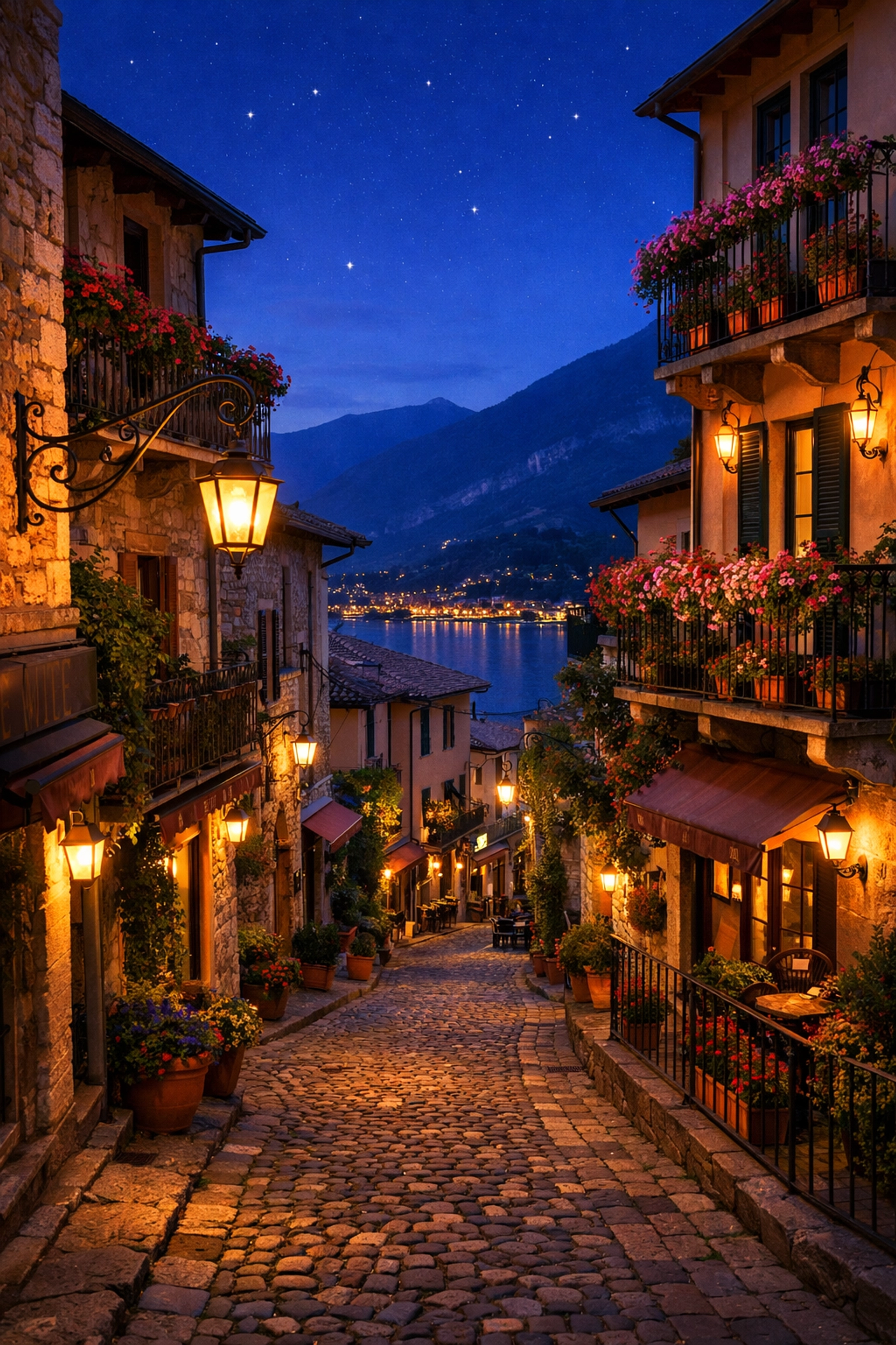 A stunning, wide-angle photograph of a iconic European landscape at the 'blue hour' of twilight. A cobblestone street in a charming French village or an Italian coastal town is lined with warm, glowing lanterns and flower-filled balconies. The sky is a deep, magical indigo with a few twinkling stars just appearing. The image is crystal clear and vibrant, capturing the whimsical and romantic allure of a European escape. No people are in the frame, allowing the reader to imagine themselves stepping into the scene.