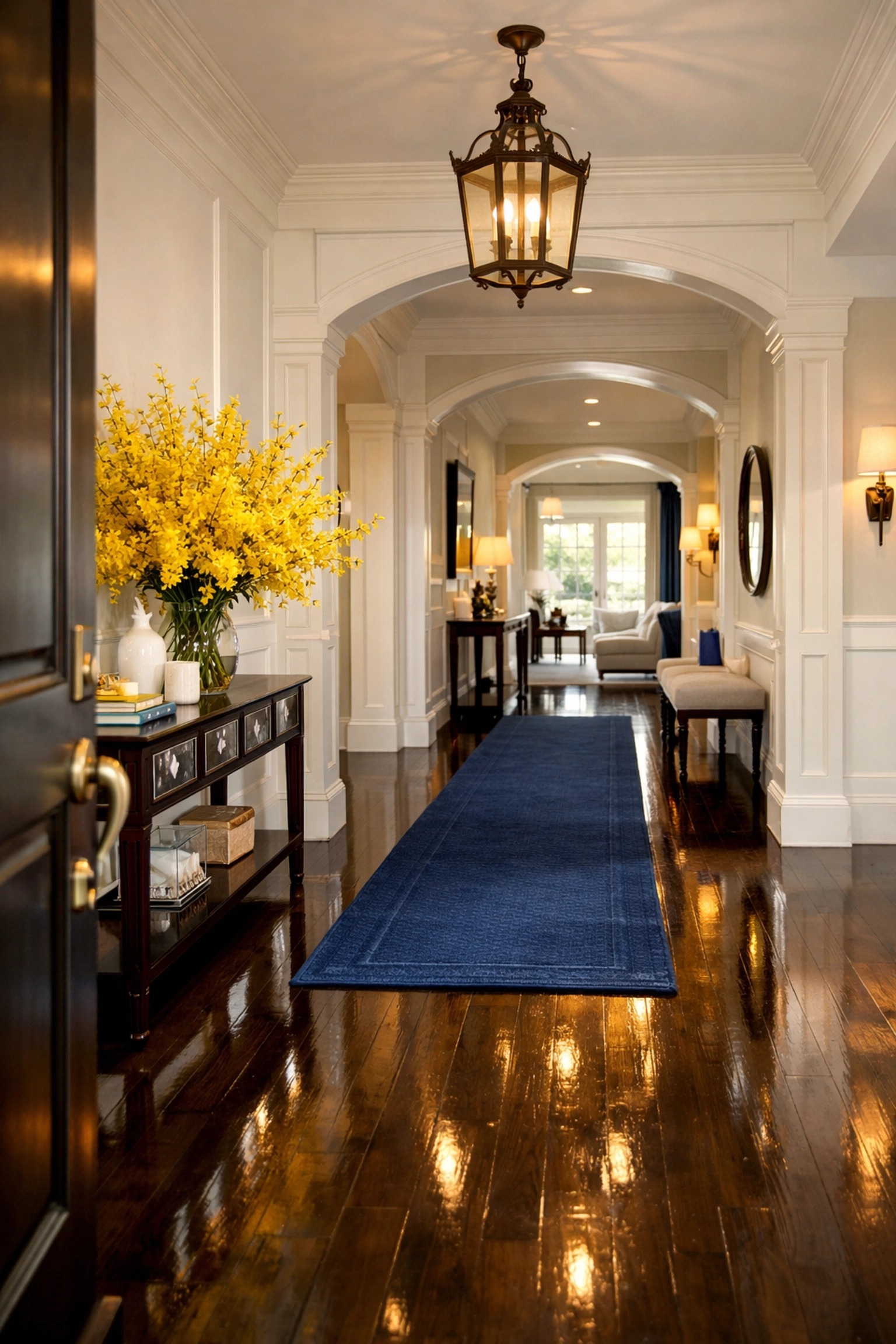 Sun-drenched home entryway with polished hardwood floors following a visit from house cleaning Pepperell MA experts.