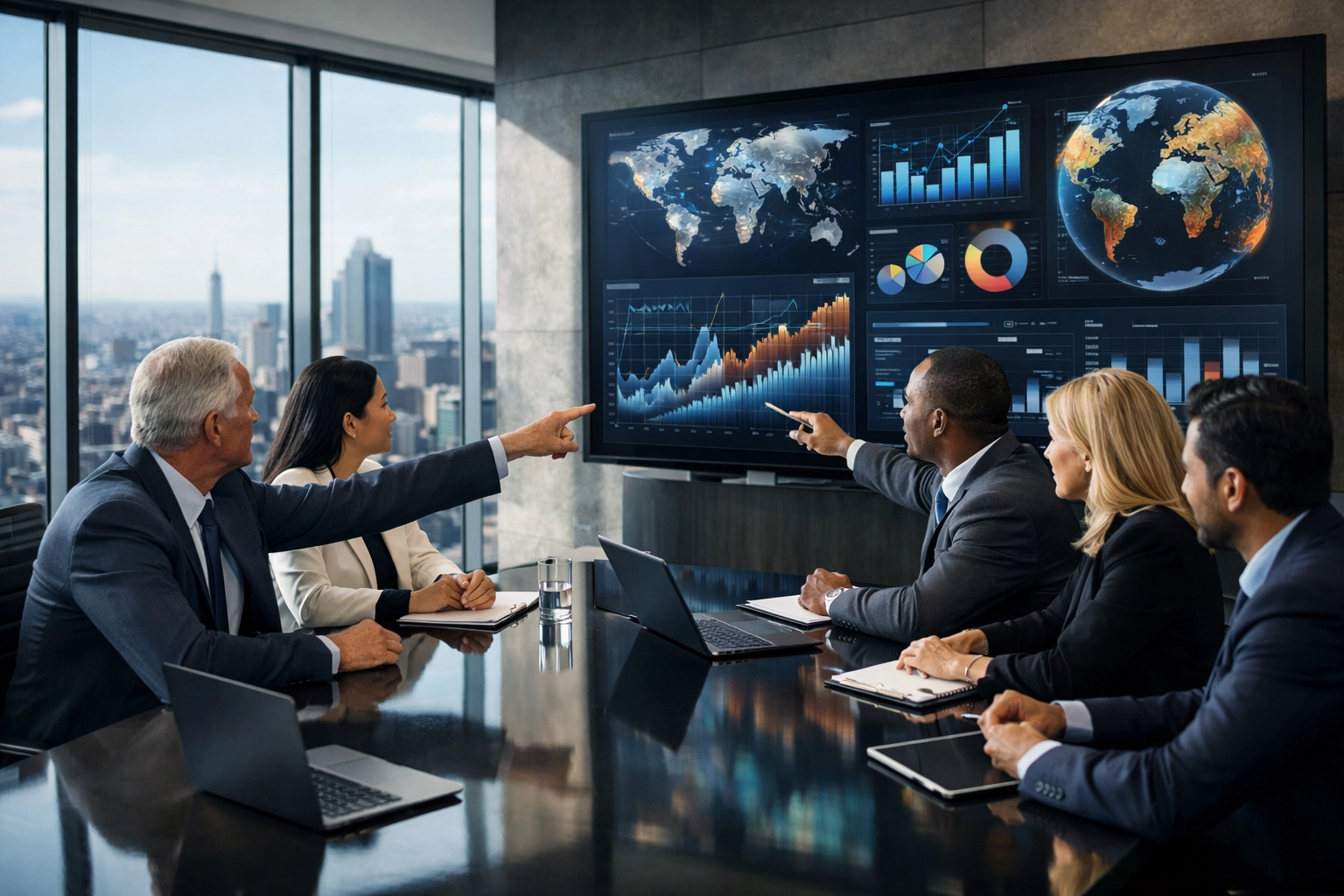 Business executives in a strategic consultation meeting analyzing media data and global growth strategies.
