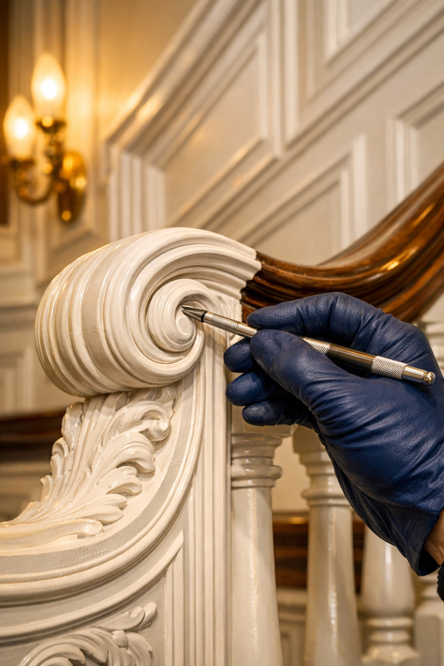 Deep cleaning of intricate historic woodwork and wainscoting during a Marblehead estate cleaning.