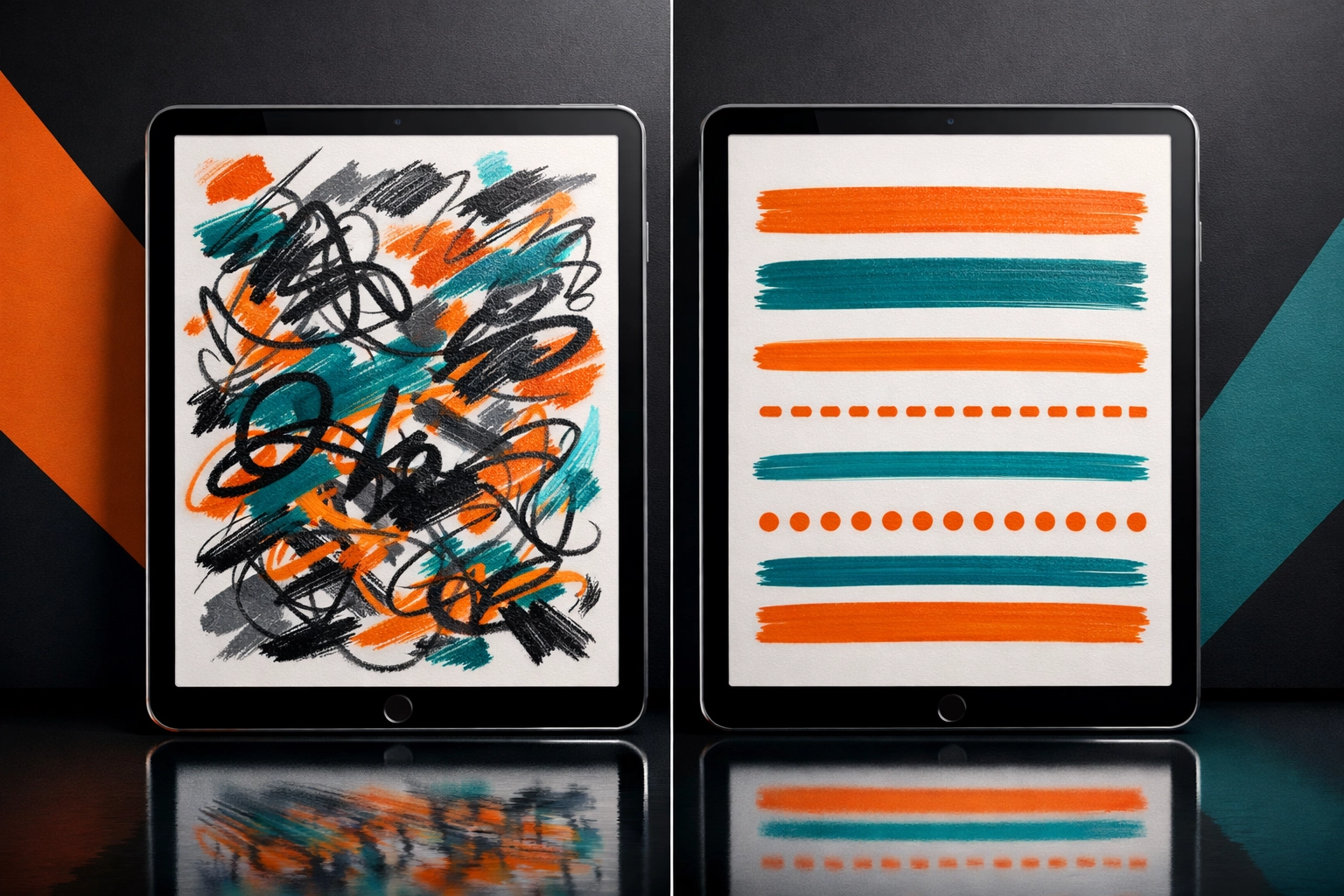 Comparison of inconsistent versus consistent Procreate brush strokes on iPad screens