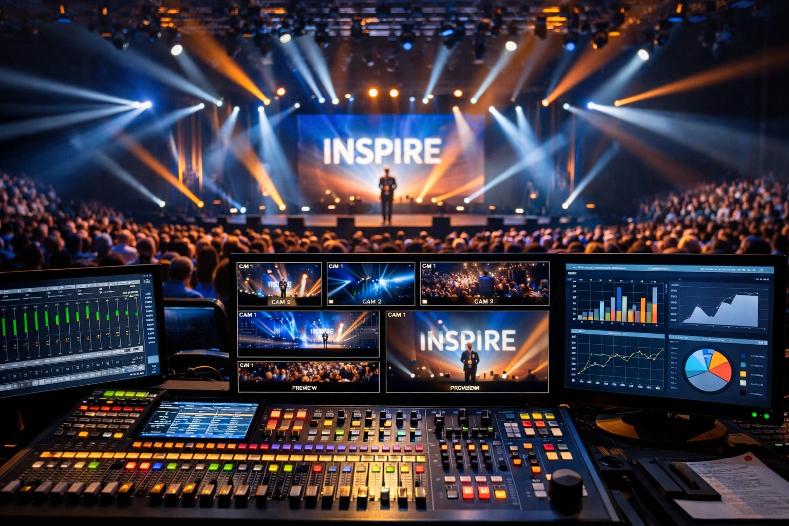 Event production control room managing a live high-impact entertainment event with a large audience.