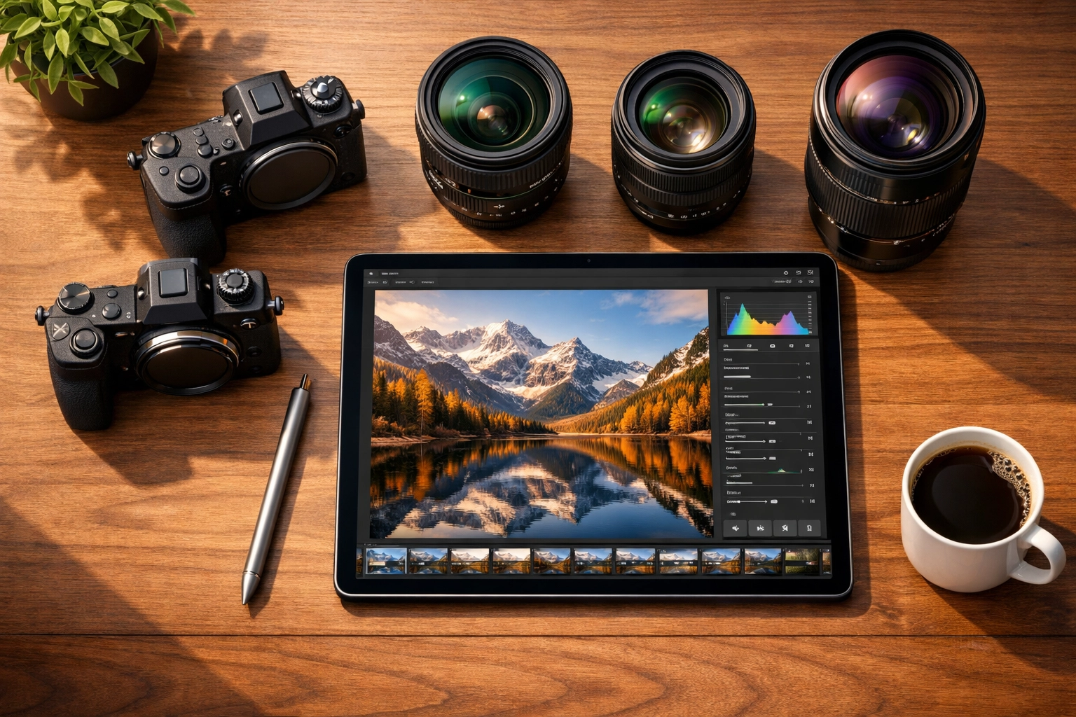 Overhead view of a professional photographer's workspace with mirrorless gear and landscape photo editing software.