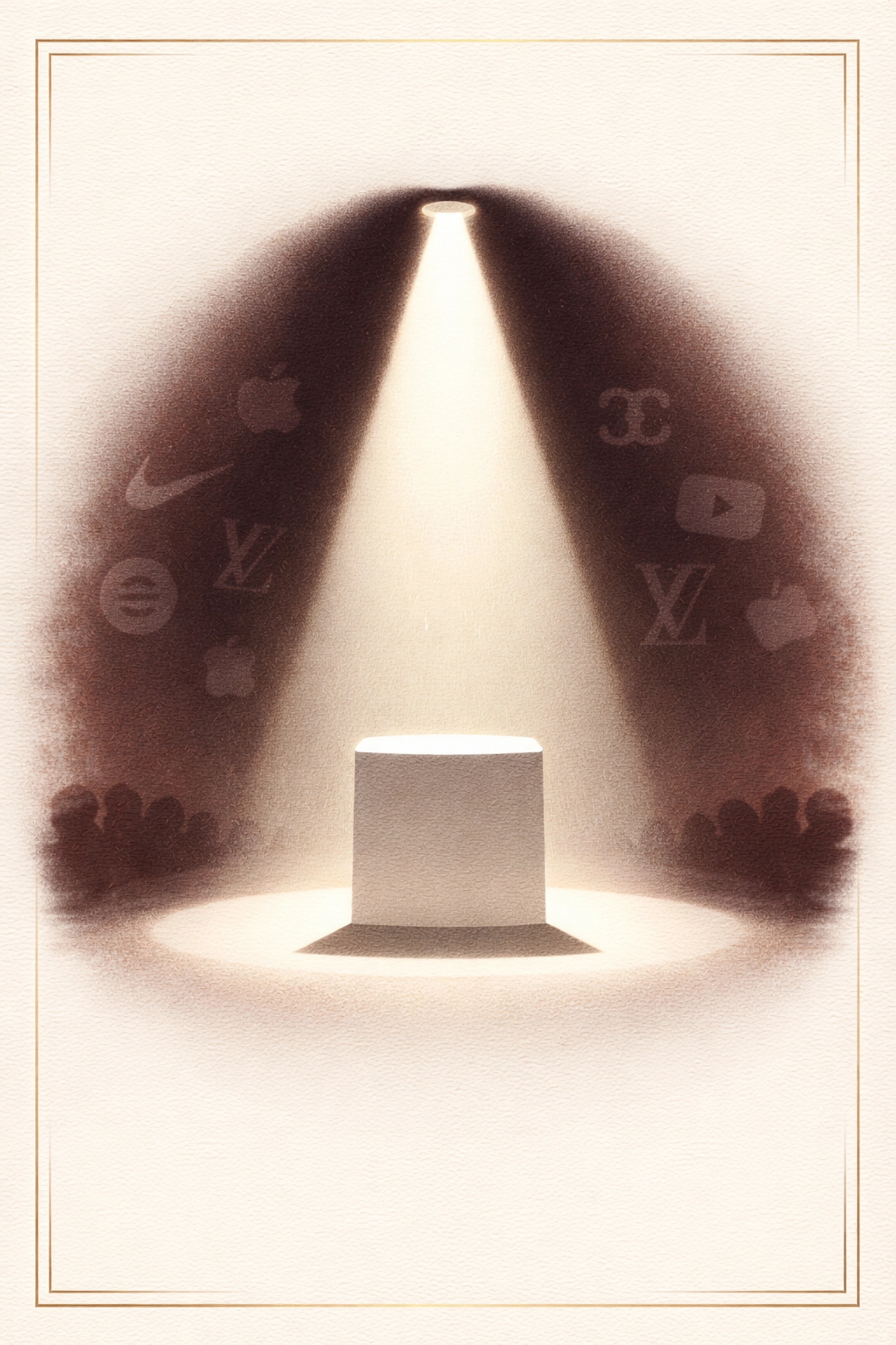 Spotlight on a pedestal with brand logos in the shadows, illustrating how creators can position themselves to attract brands.