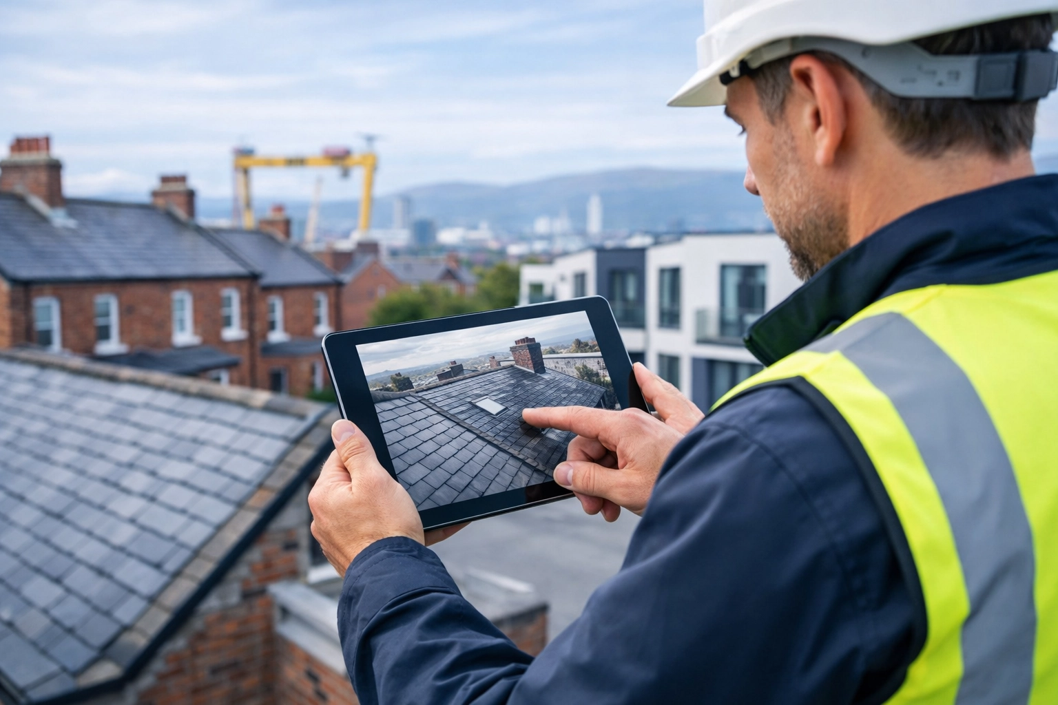 A professional roof surveyor in Belfast reviews digital aerial footage on a tablet for a property roof survey.