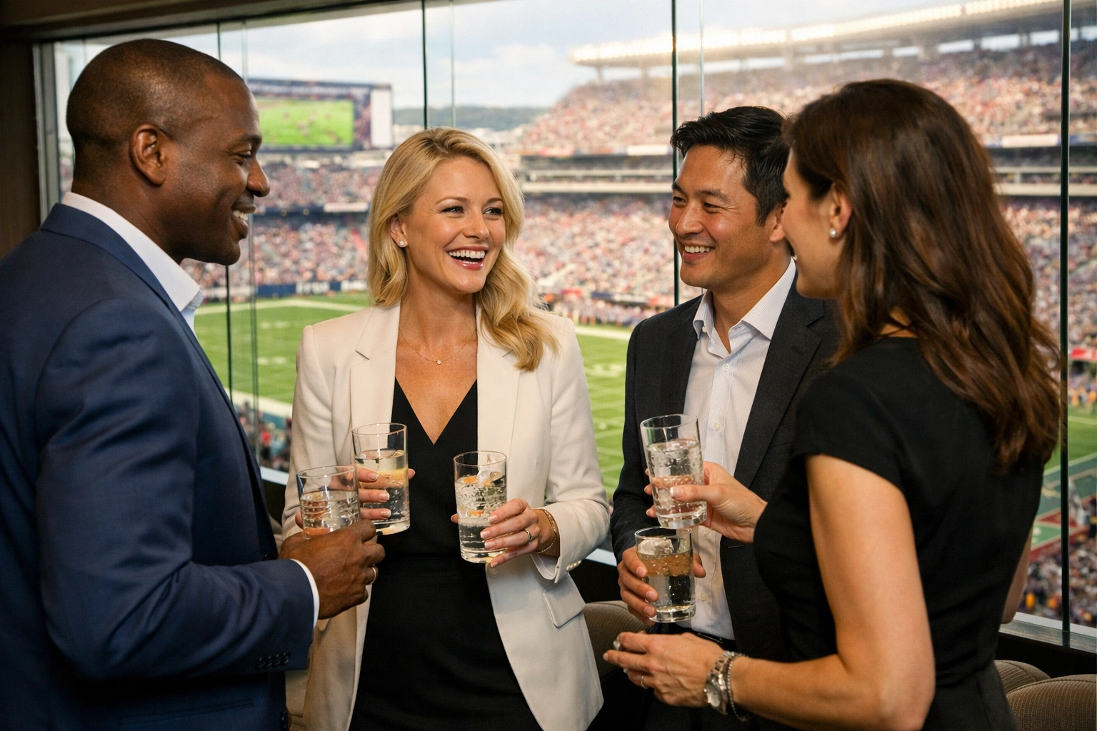 Executives networking in a luxury corporate stadium suite with a view of the football field.