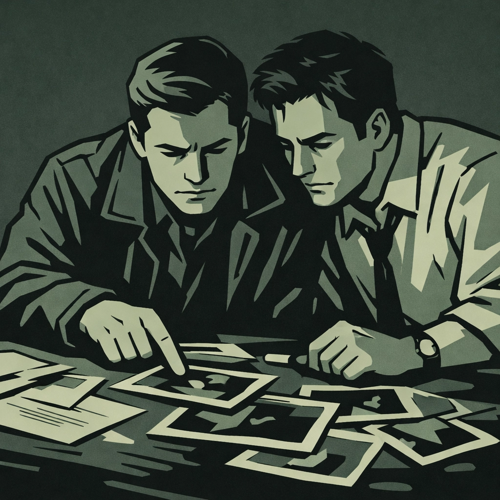 Two men examining murder evidence together - gay thriller investigation scene