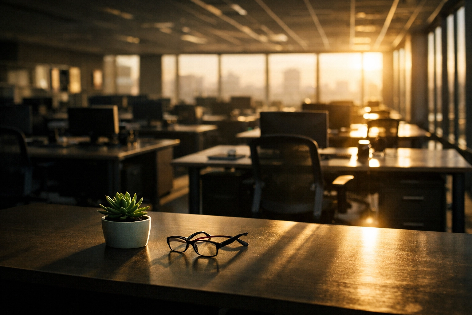 Empty office space with deserted desks highlighting the loss of expertise and healthcare institutional knowledge.
