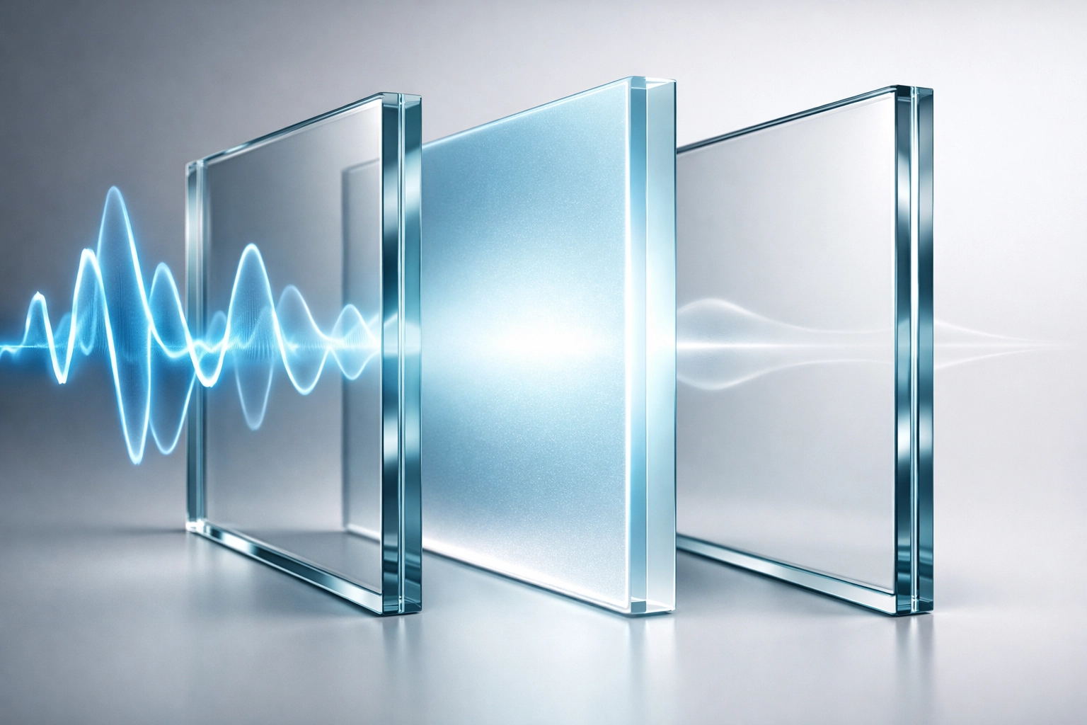 Cross-section of 10.8mm acoustic laminate glass showing the PVB interlayer designed for noise reduction.