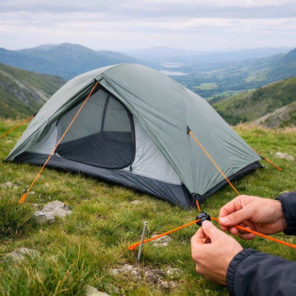 Pitching a lightweight tent on a green plateau during a guided wild camping adventure in the UK.