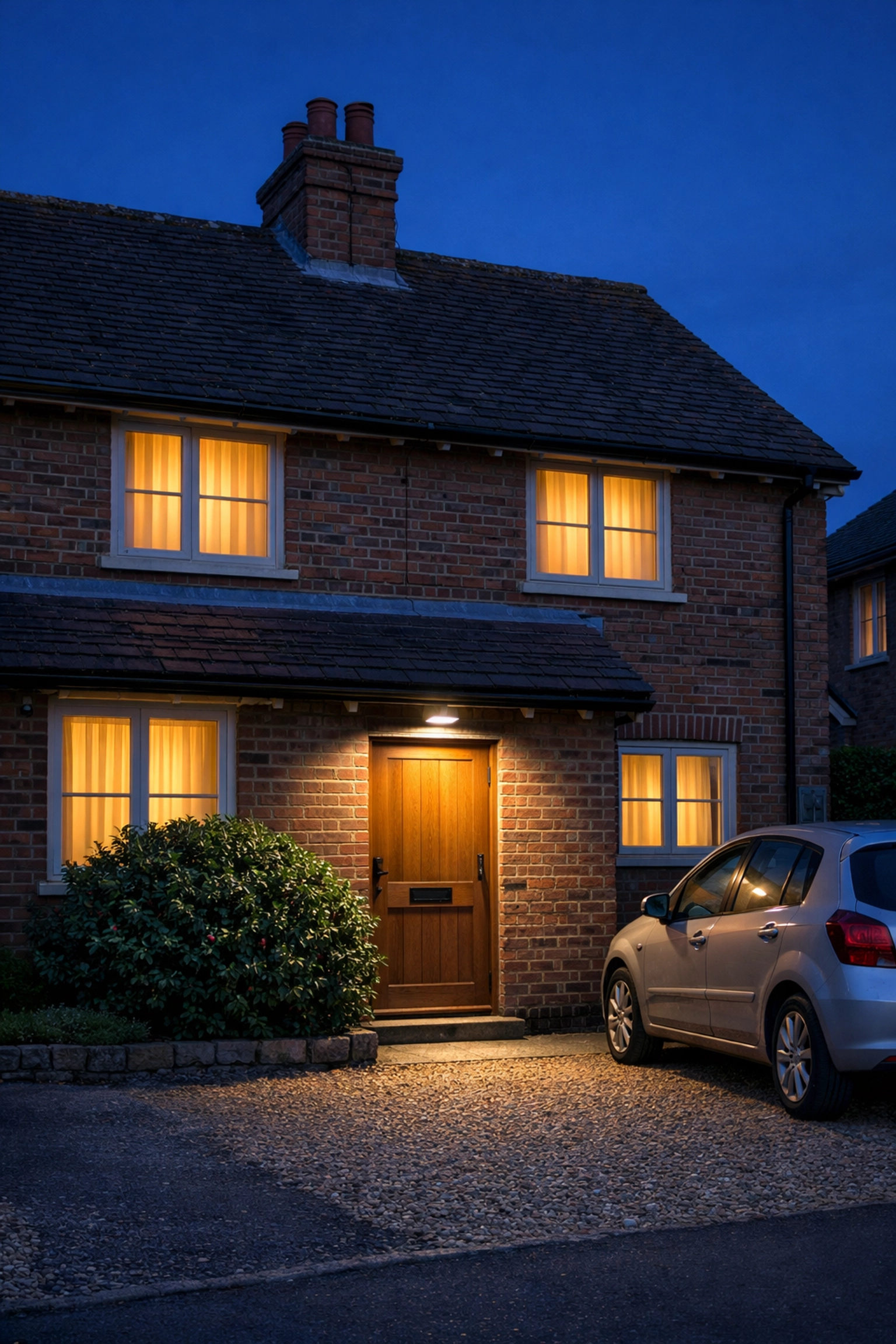 Secure Melksham home at dusk with motion-sensor lighting and defensive landscaping for peace of mind.