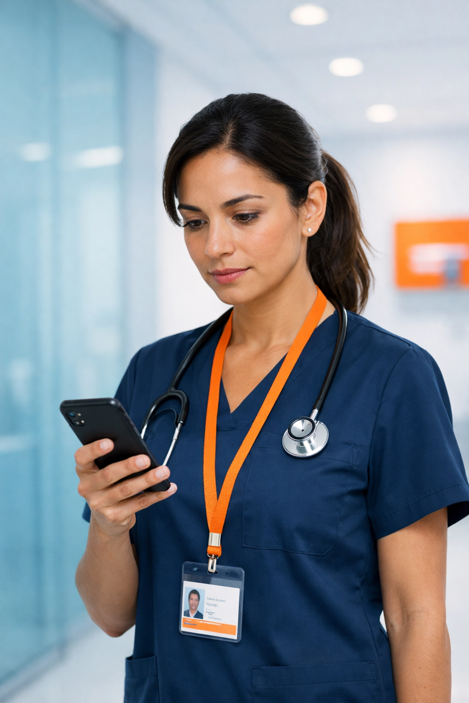 Nurse in a modern hospital hallway checking updates from a healthcare staffing agency partner.