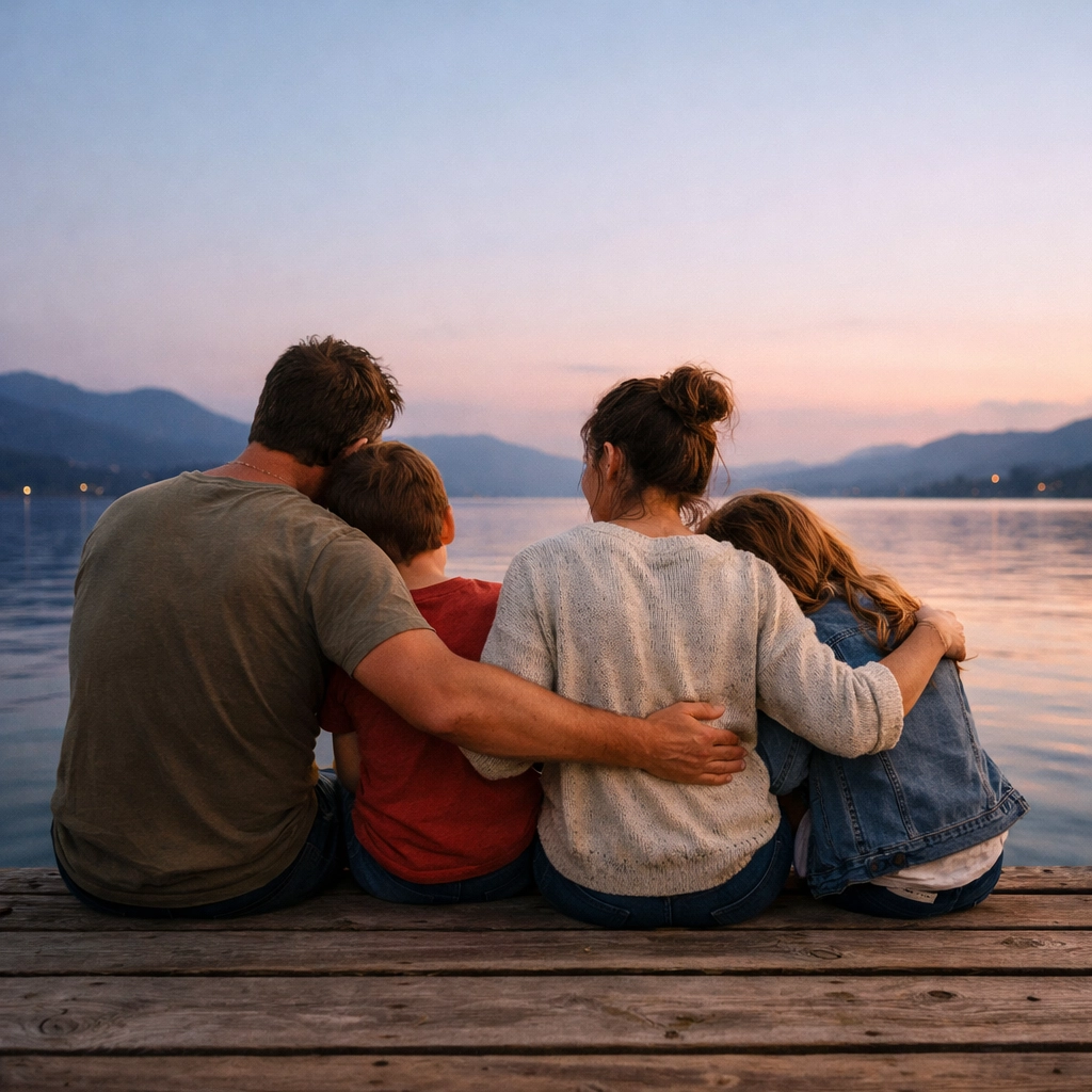 A family bonding on a pier at dusk, capturing candid memories and connection during their travels.