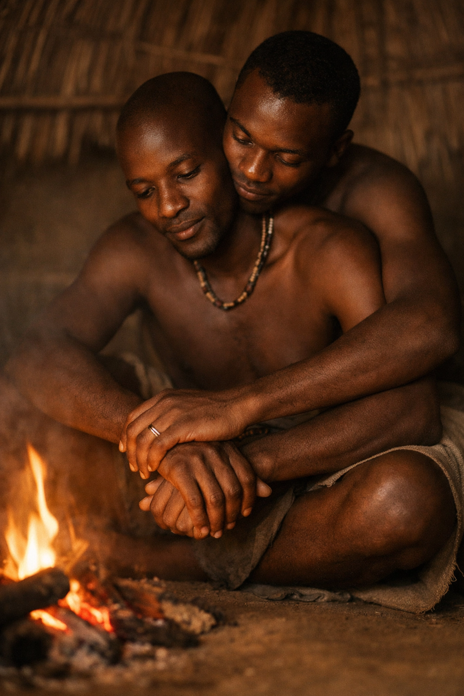 Two men in a Zande dwelling sharing quiet intimacy, reflecting themes found in modern gay literature.