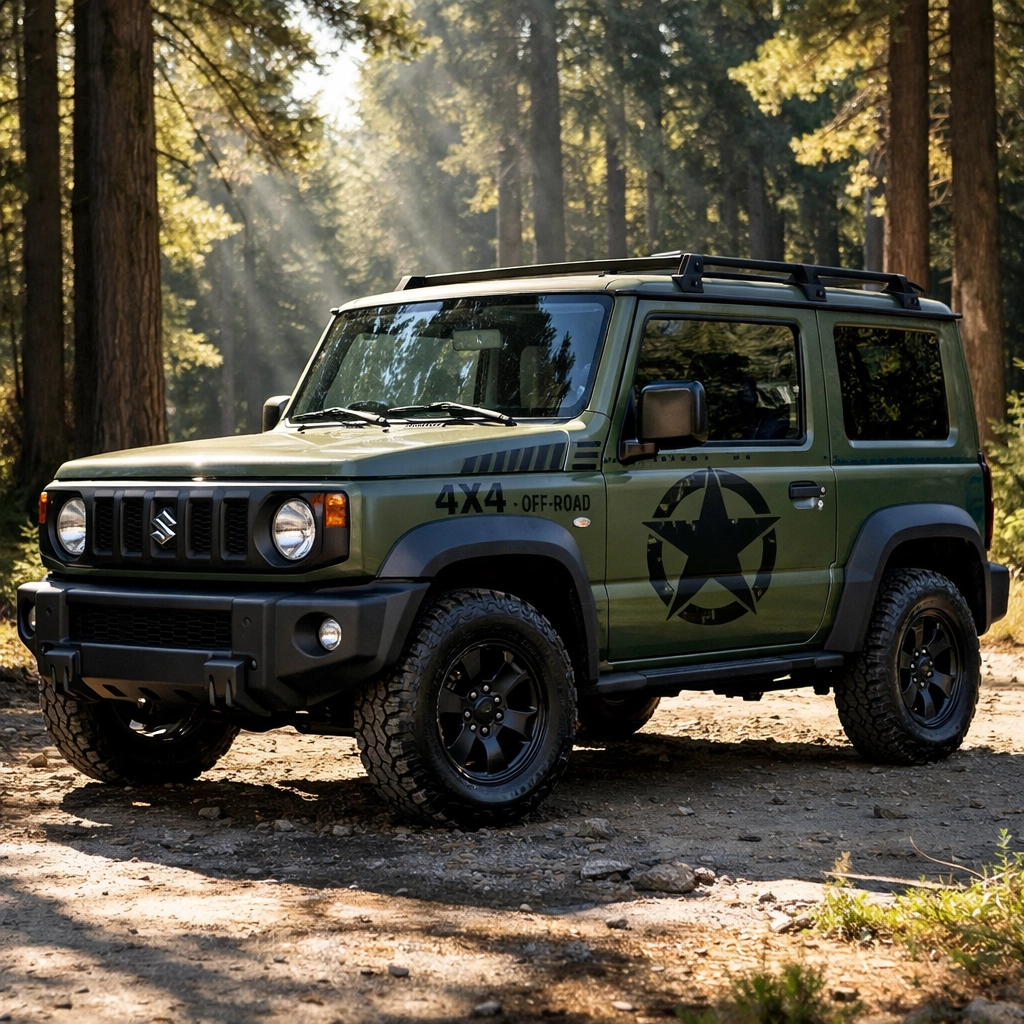 Jungle Green Suzuki Jimny with tactical matte black military star decals in a forest clearing.