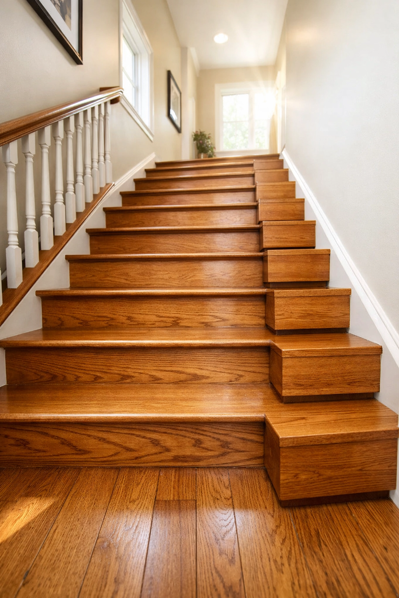 Wooden staircase featuring half-step blocks to reduce riser height for easier senior mobility.