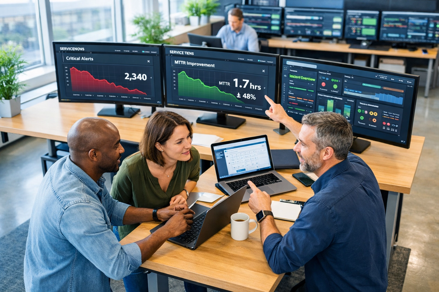IT operations team monitoring ServiceNow ITOM dashboards with improved MTTR metrics and alert data