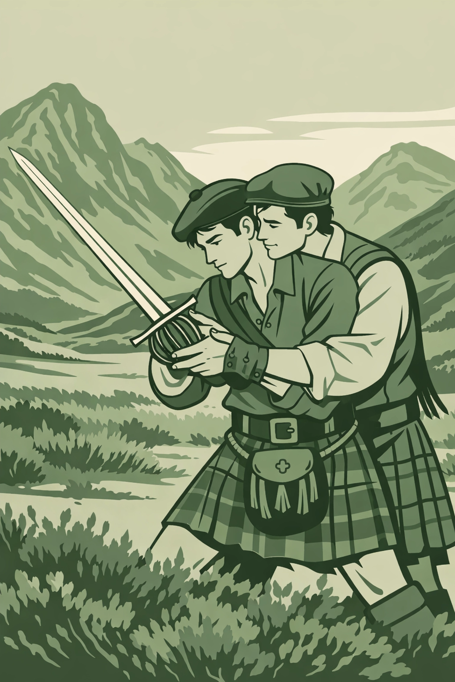 Highland step-brothers sword training in Scottish glen with romantic tension