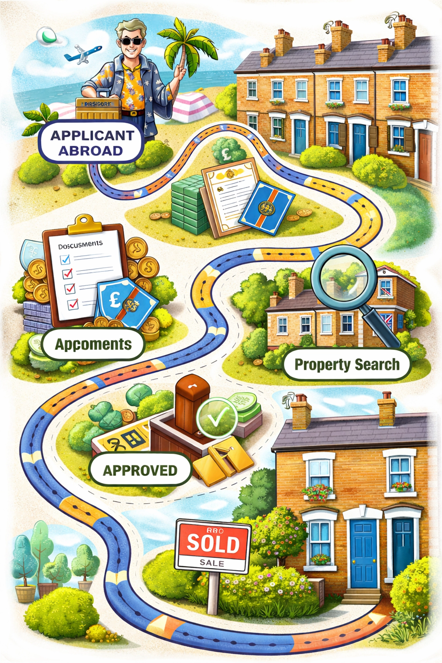 Infographic showing the journey of securing an Oldham mortgage from abroad, ending with a UK terraced house purchase