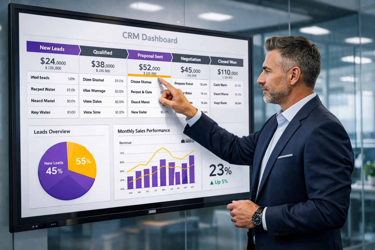 Business executive managing a digital CRM dashboard to track sales pipeline and improve conversion rates.