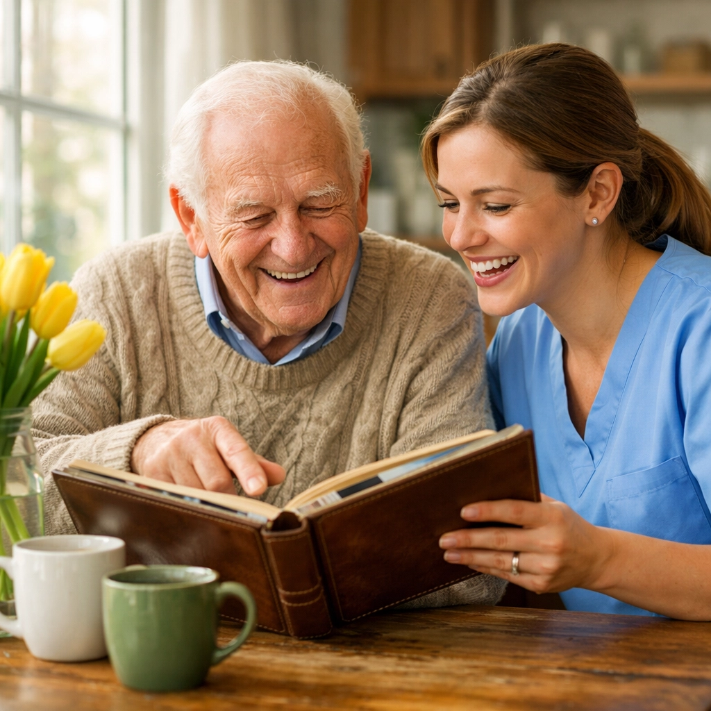 A private carer in Southampton providing companionship and support to an elderly man over tea.