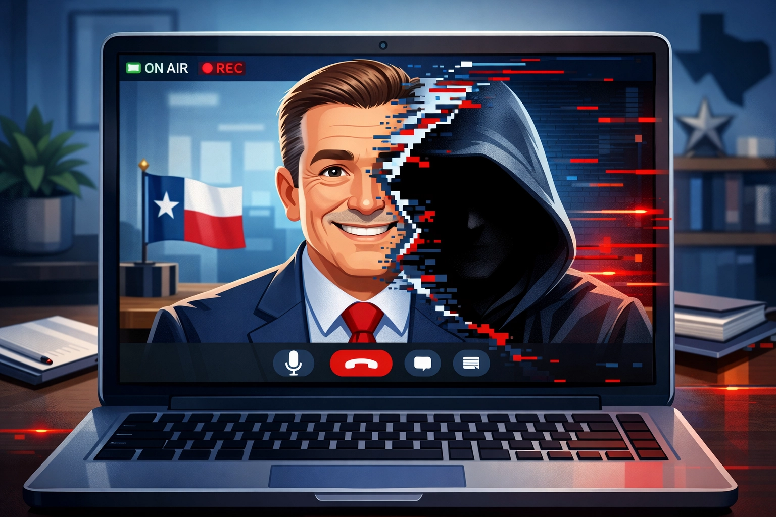 Digital hacker hiding behind a deepfake video call, illustrating the need for cyber insurance in Texas.