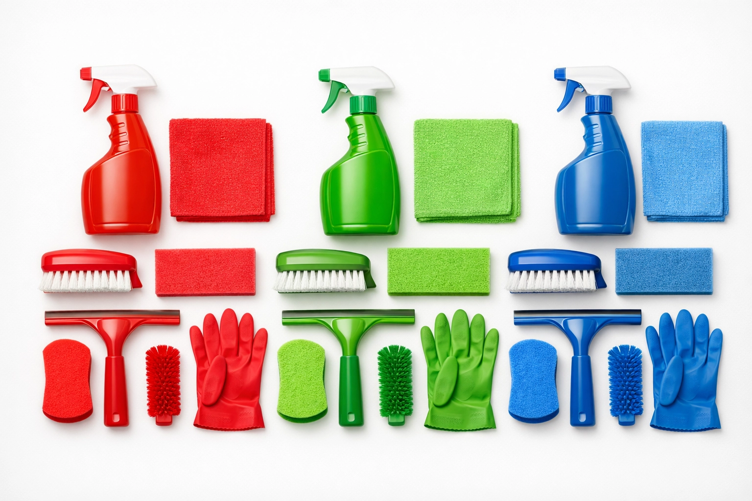 Symmetrical layout of BICS colour-coded cleaning equipment used by professional commercial cleaners in Norwich.