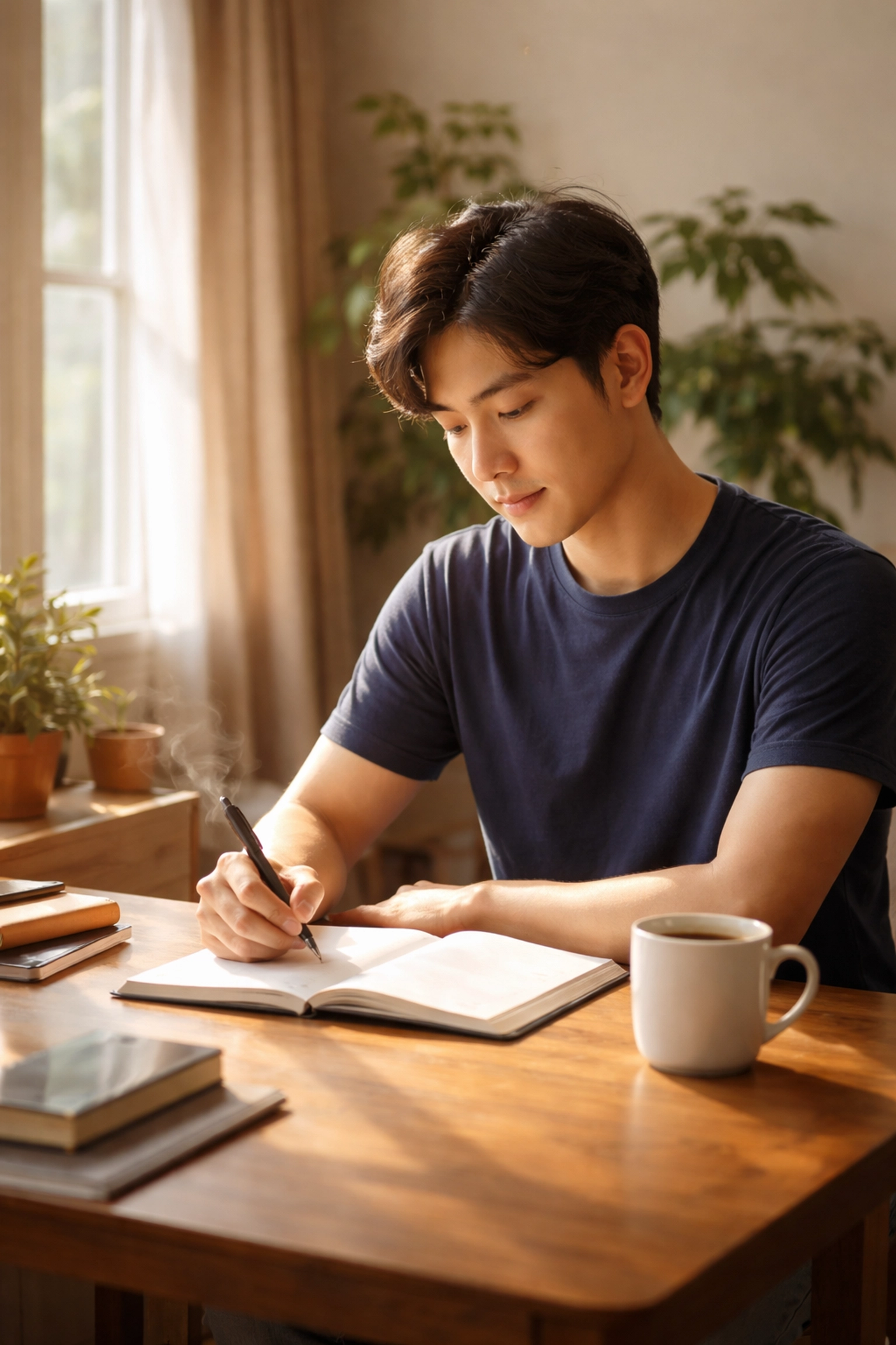 Asian man writing affirmations in a sunlit home office, building motivation and self-improvement