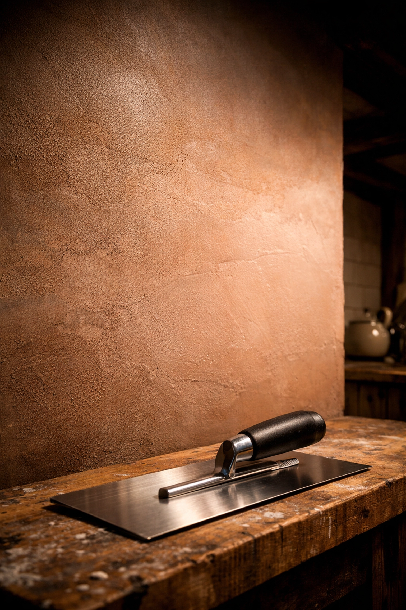 Freshly plastered kitchen walls drying during the structural preparation phase of a home renovation.