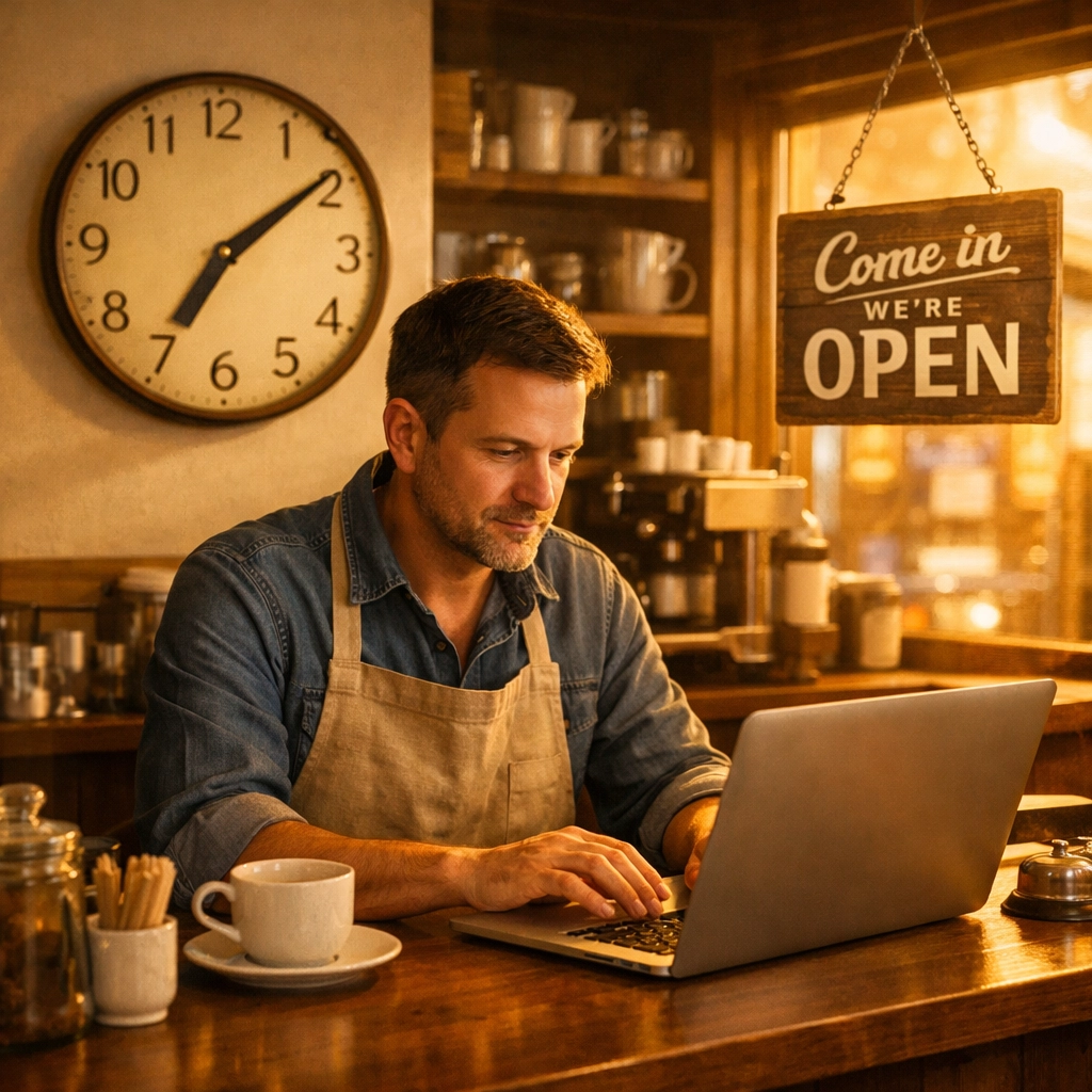 Small business owner time-blocking for marketing at cafe during quiet morning hours