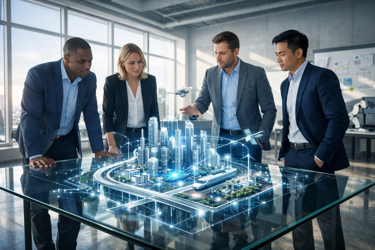 Professionals reviewing career-ready infrastructure and technical workforce development models in an innovation lab.