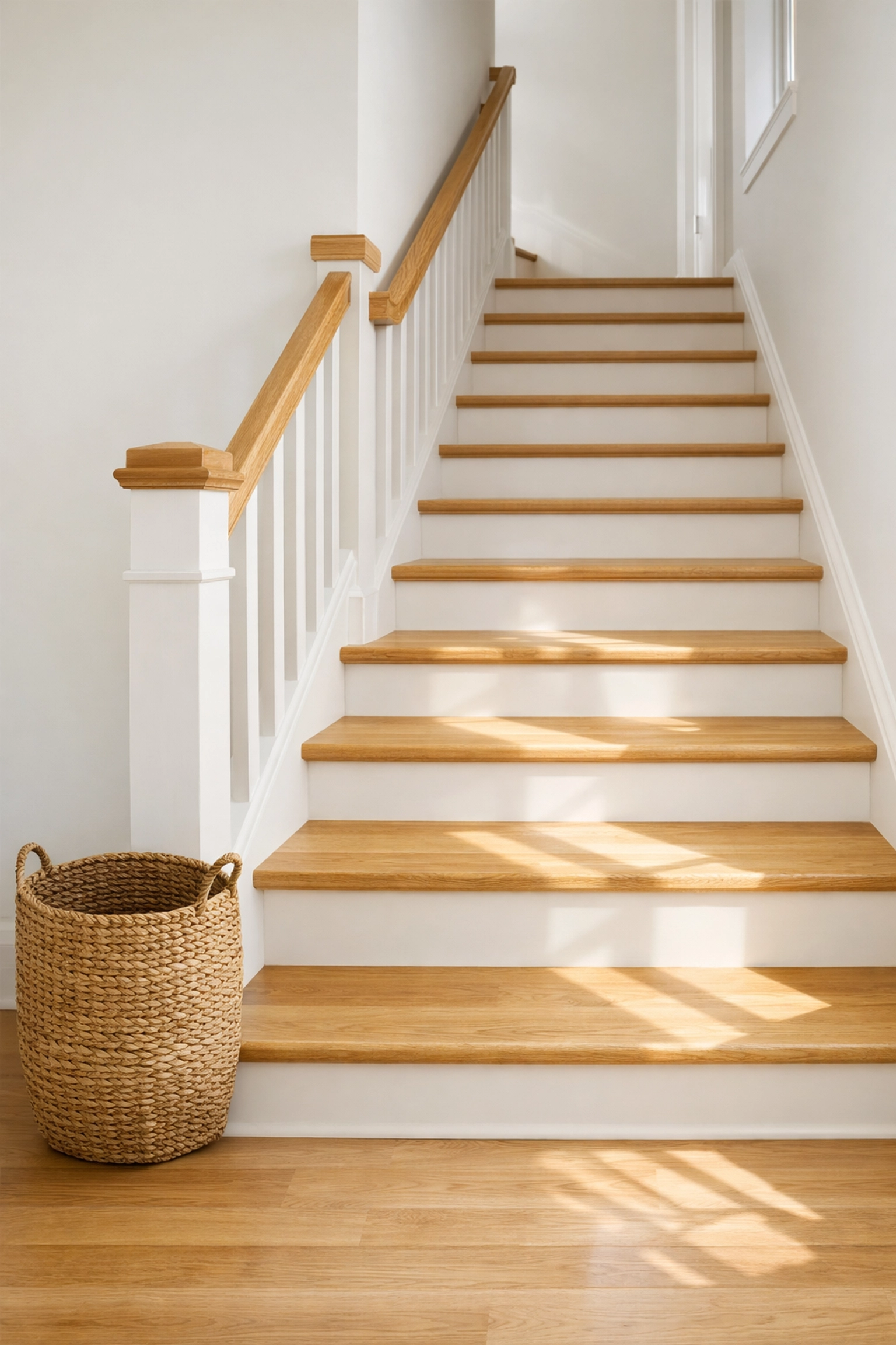 A clear, clutter-free wooden staircase with a storage basket kept away from the walking path for safety.