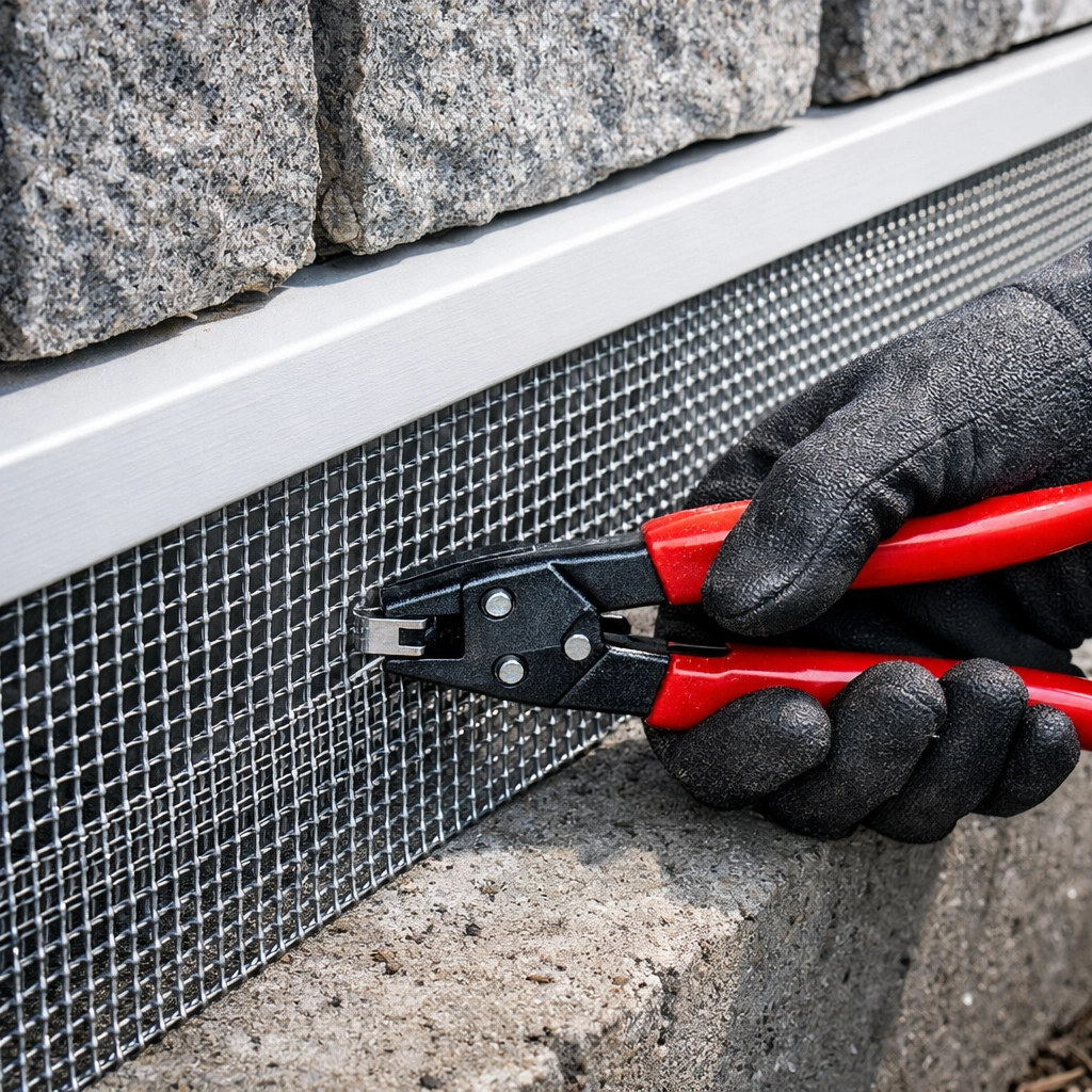 Close-up of professional steel exclusion mesh installation on a granite cottage foundation for long-term pest control.