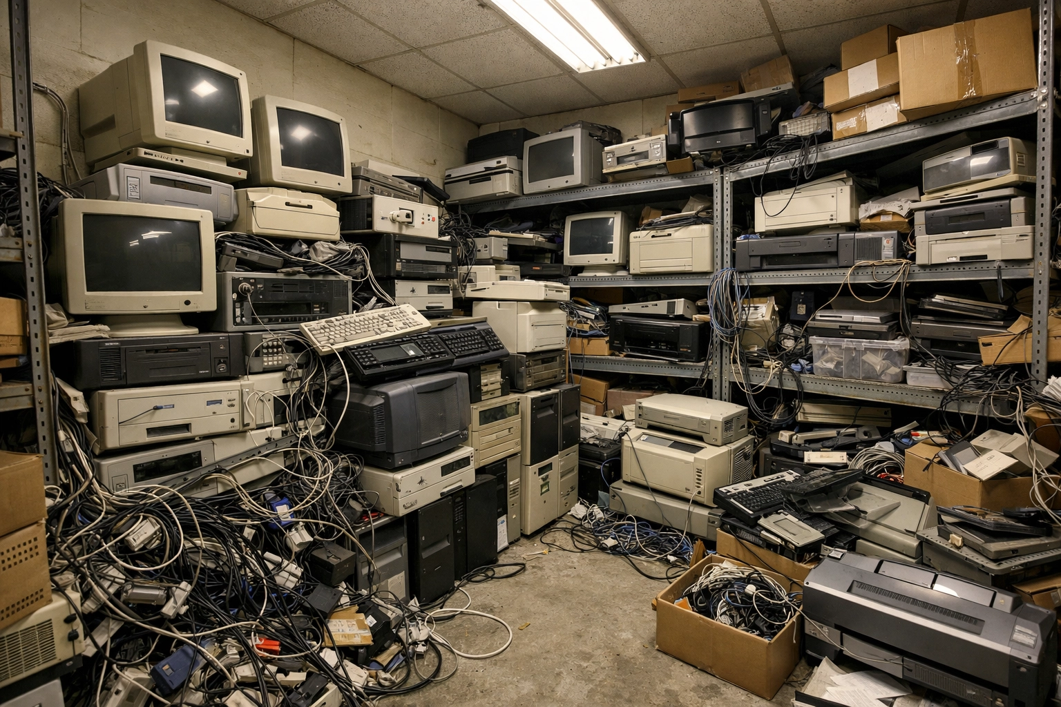 Cluttered storage room filled with obsolete IT equipment and business e-waste awaiting recycling