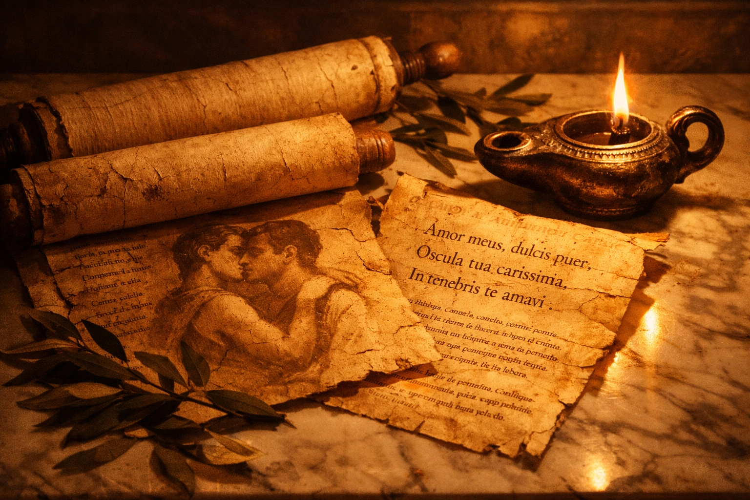 Ancient Roman scrolls and parchment depicting early queer literature from The Satyricon