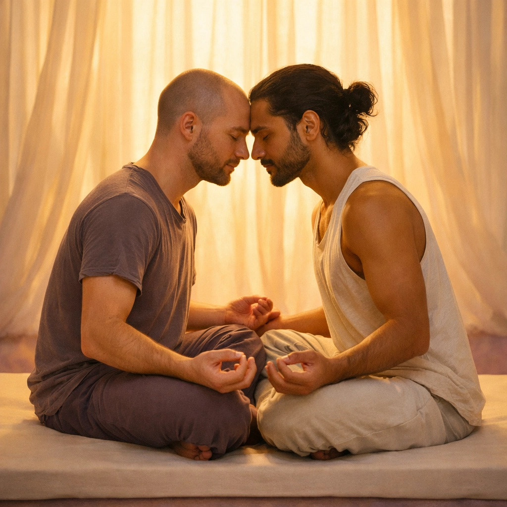 Two men in meditation pose practice conscious breathwork and energy harmonization together
