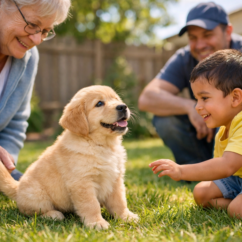 Socialized Golden Retriever puppy meeting diverse people during therapy dog training
