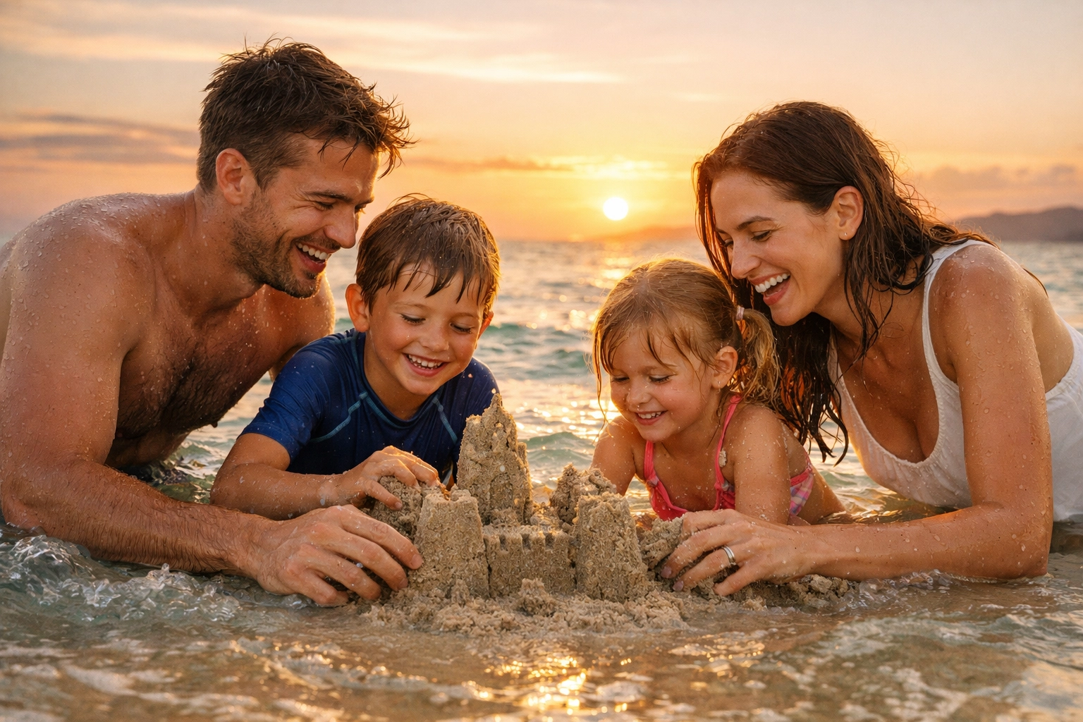A family building a sandcastle at Laguna Beach during sunset, a top family travel activity.