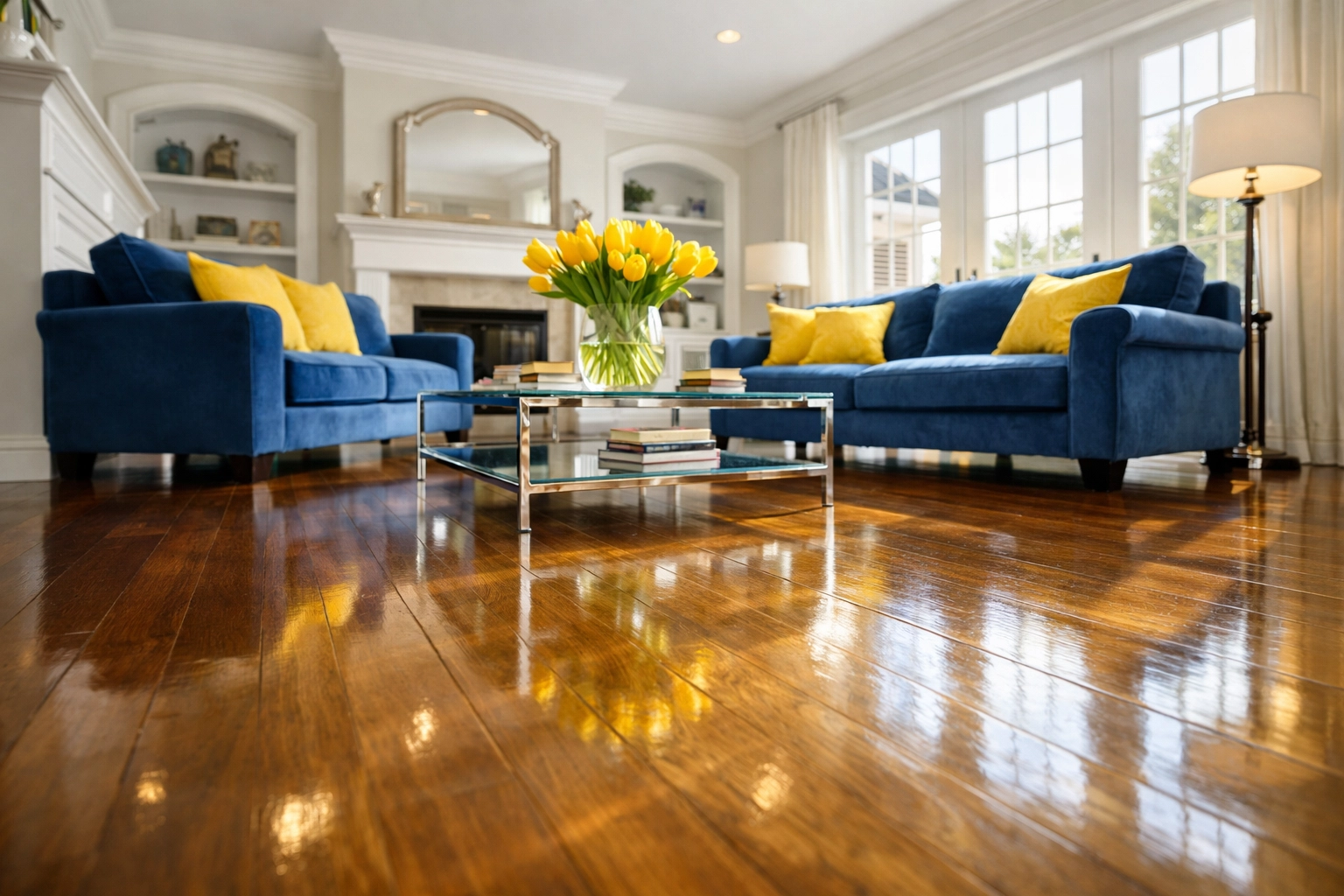 Sun-drenched Shrewsbury living room with polished floors after a professional deep house cleaning.