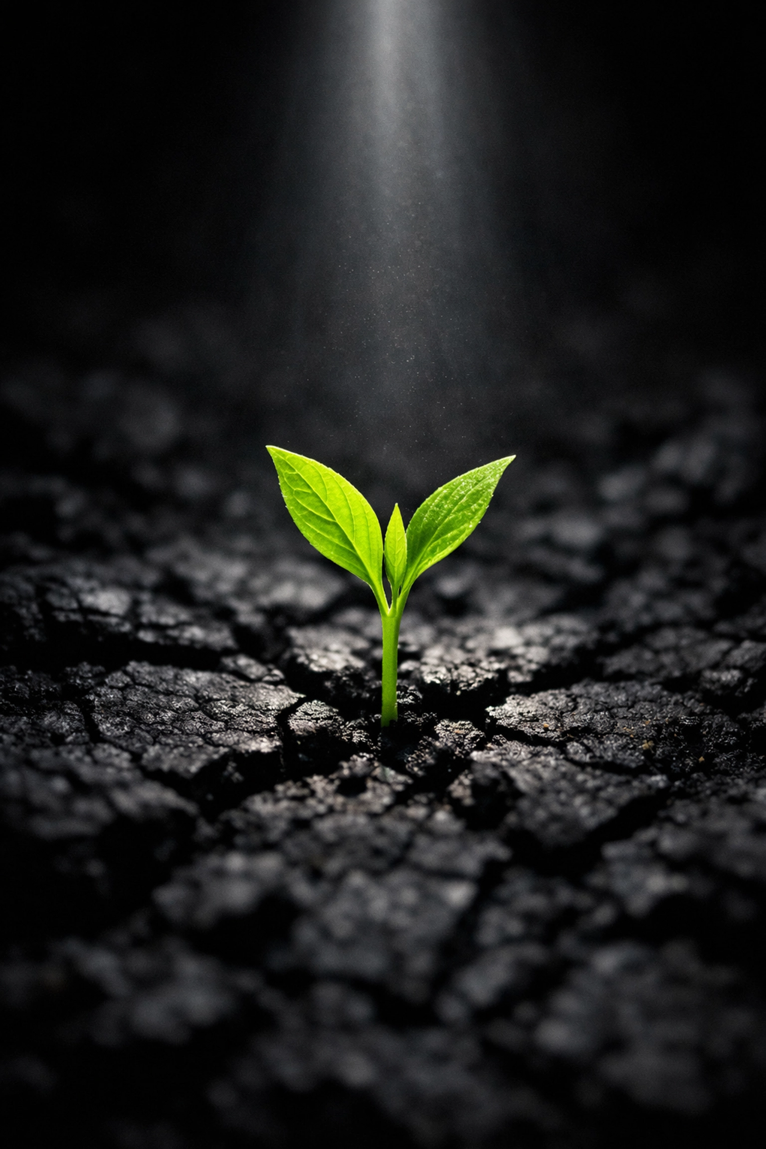 Green seedling emerging from charred soil representing resilience after wildfire disaster.