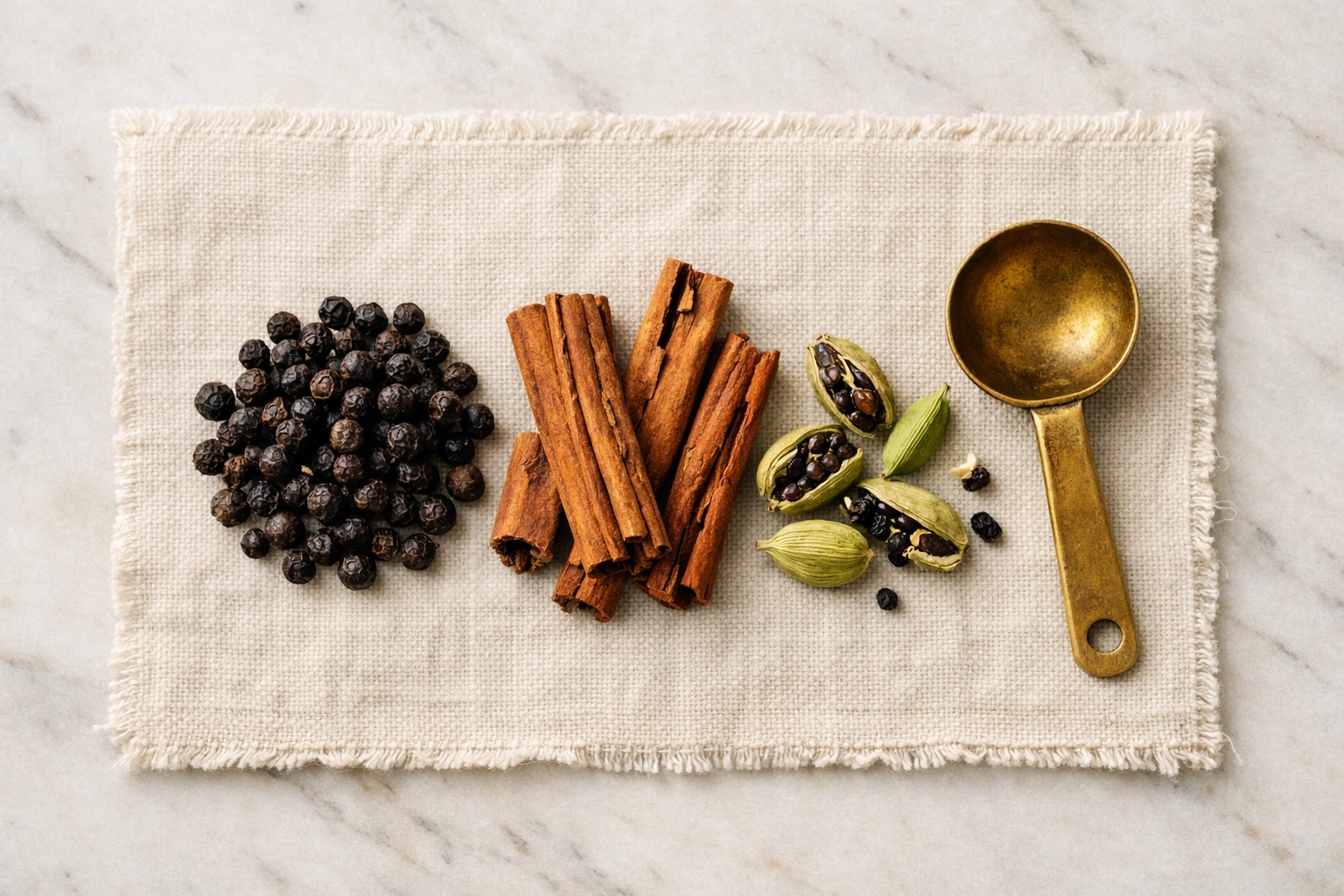 Top-down view of authentic Kerala spices including Tellicherry pepper and Ceylon cinnamon sticks.