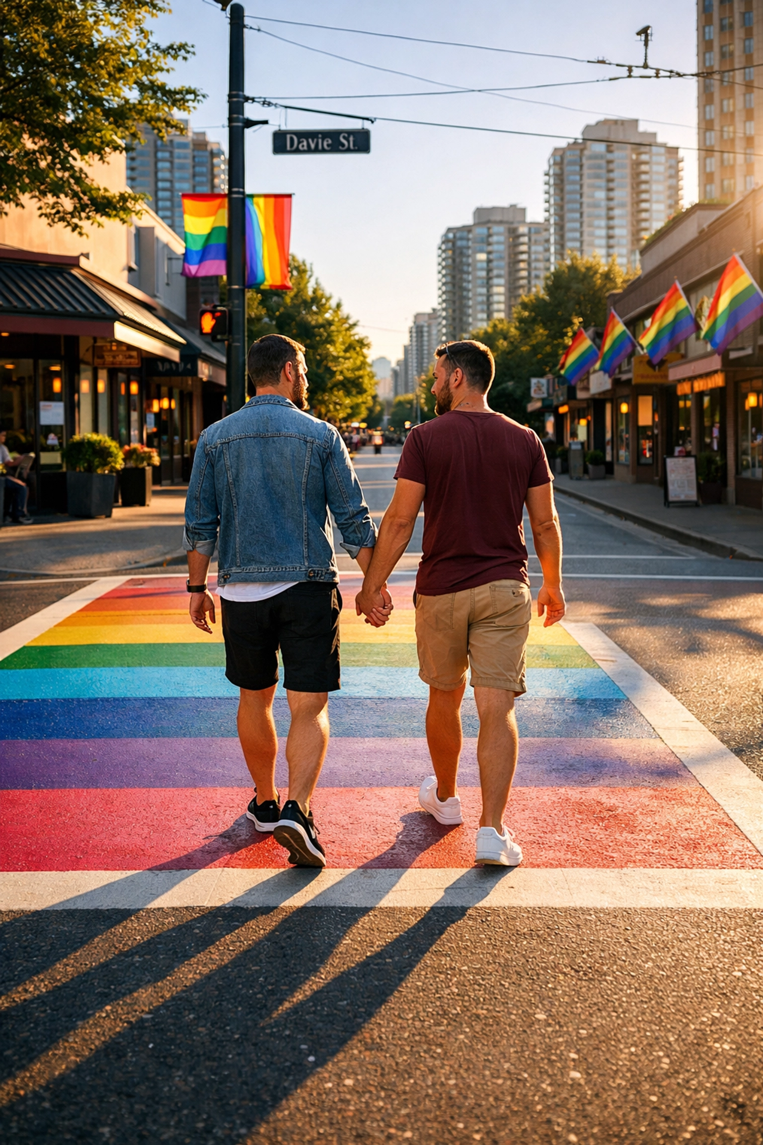 Gay couple on rainbow crosswalk in Davie Village, Vancouver's LGBTQ+ neighborhood