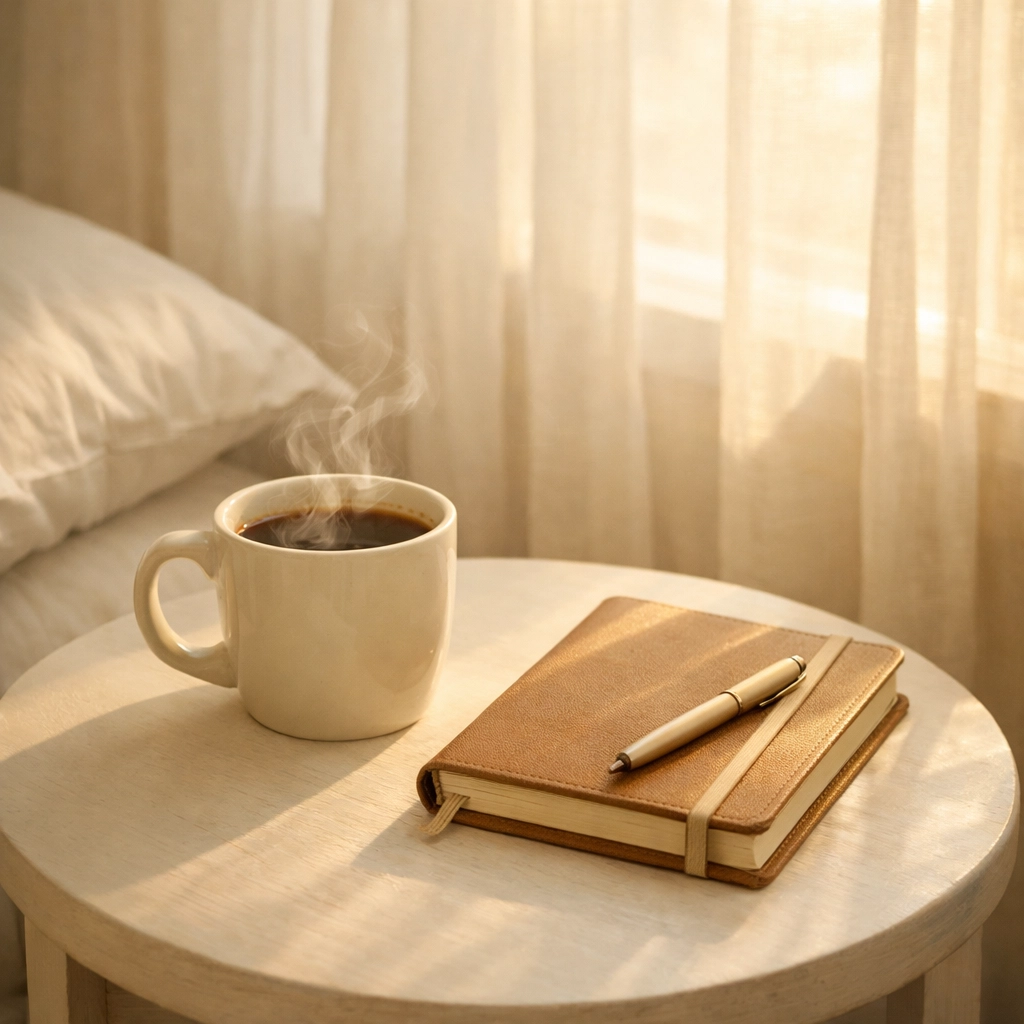 Peaceful morning coffee and journal on bedside table representing anxiety-free news routine
