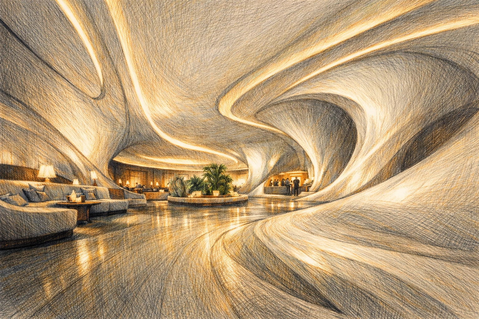 Curved ivory walls and fluid geometry in a luxury hotel lobby creating a sense of infinite space.
