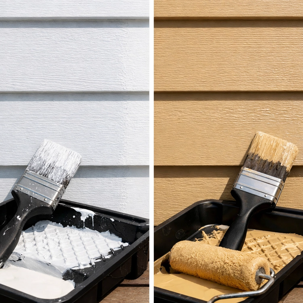 Professional exterior painting work showing primer application and finished coat detail